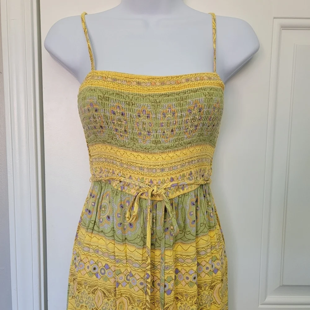 Forever 21 Yellow Green Printed Wide Leg Sleeveless Ruched Top Jumpsuit Size S